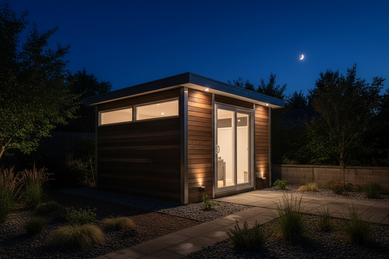 A cinematic night-time product photo of a modern garden shed in a quiet backyard. The shed is softly illuminated from inside with warm ambient lighting glowing through windows and doors, creating a cozy yet premium feel. Subtle exterior spotlights highlight the shed’s structure and materials (wood or metal). The sky is dark with a deep blue tone, slight moonlight, and gentle shadows. Clean landscaping around the shed, calm atmosphere, no people. Shot in a cinematic style, ultra-realistic, high detail, 4K, s