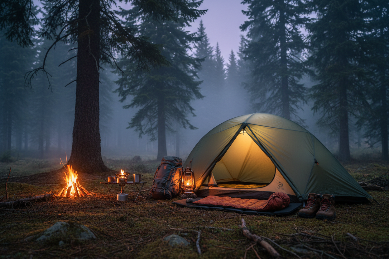 A cinematic outdoor product photo of premium camping gear set in a remote forest campsite at dusk. A modern tent softly lit from inside, surrounded by neatly arranged camping gear such as a backpack, lantern, sleeping bag, portable stove, and hiking boots. Warm campfire glow contrasts with cool blue evening tones, light mist in the air, towering trees in the background. Shot in ultra-realistic style, cinematic lighting, shallow depth of field, high detail, 4K, professional outdoor lifestyle photography,