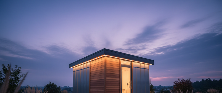 A cinematic wide-angle shot of a modern outdoor storage shed standing alone in a landscaped backyard at twilight. The shed has clean architectural lines, premium materials, and subtle exterior lighting that highlights its structure. Soft interior light glows through the doorway, creating depth and contrast. The sky is dramatic with deep blue and purple tones, light clouds, and gentle atmospheric haze. Ground-level camera angle for a powerful presence, shallow depth of field, ultra-realistic textures, 4K
