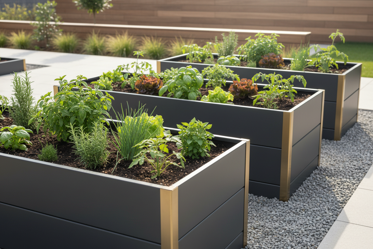 A high-end commercial product photo of modern raised garden beds in a landscaped backyard. The raised beds are clean, symmetrical, and made from premium materials (metal or wood), filled with healthy green plants and vegetables. Bright, natural daylight with soft shadows, neutral background, and a polished, minimalist look. Shot from a slightly angled perspective to showcase depth and structure. Ultra-realistic, sharp focus, high detail, 4K resolution, professional product photography, e-commerce and brand 