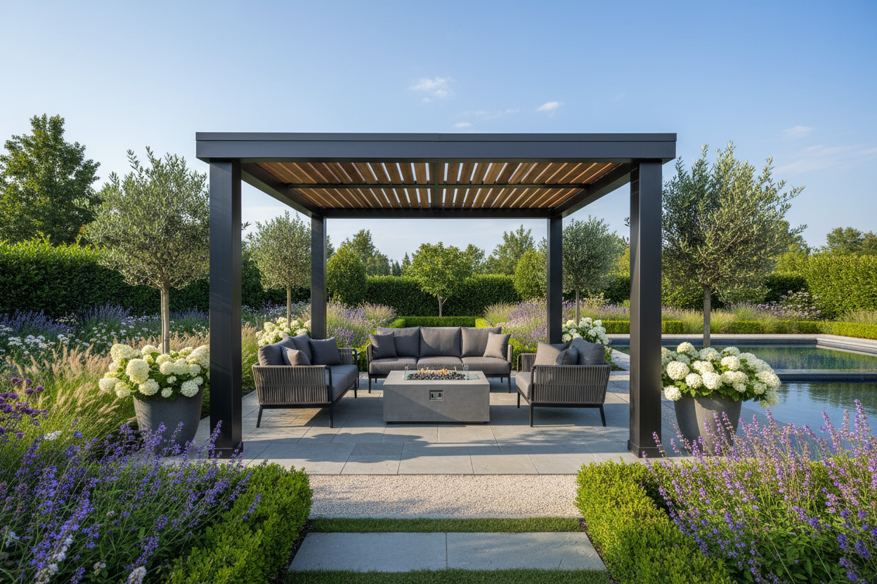 A premium commercial product photo of a modern outdoor gazebo set in a landscaped backyard or garden. The gazebo features a clean, sturdy structure made of metal or wood, with a canopy or hardtop roof. Elegant outdoor furniture neatly arranged underneath, soft natural daylight with balanced shadows, clear sky, and a polished, professional look. Shot from a wide-angle perspective to showcase size and structure. Ultra-realistic, sharp focus, high detail, 4K resolution, professional architectural product photo
